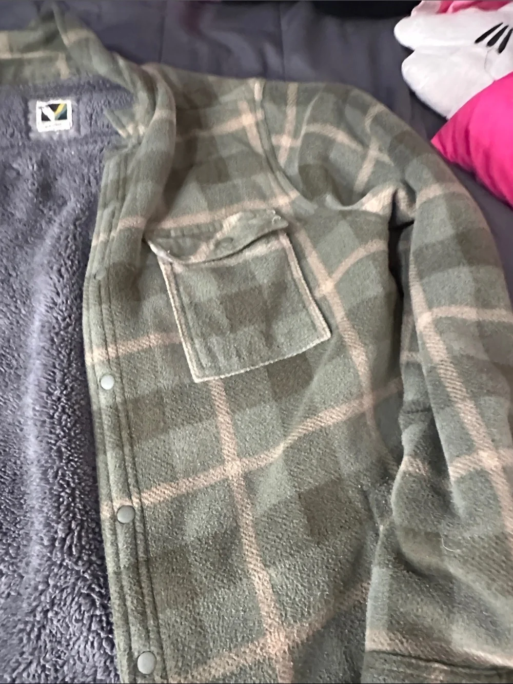 Green Plaid Sherpa-Lined Button-Up Shirt Jacket